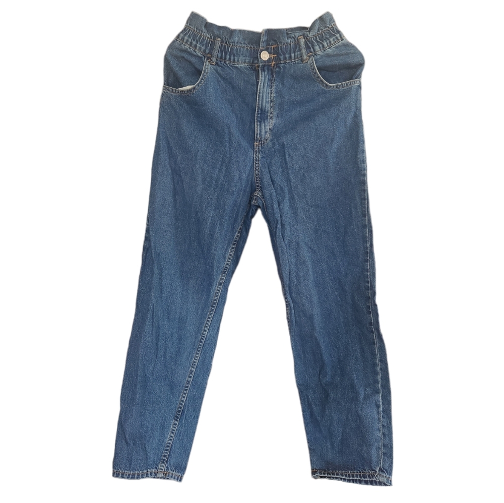 Zara Women's Paper Bag Style Cinch High Waist Jeans Blue SMALL Baggy Relaxed 90s